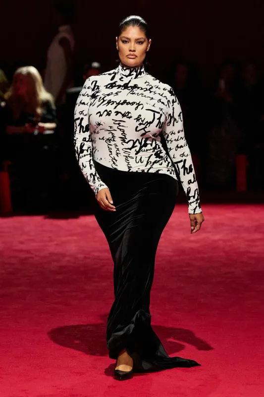 Black and White Long Sleeve Velvet Script Gown sold by Christian Siriano