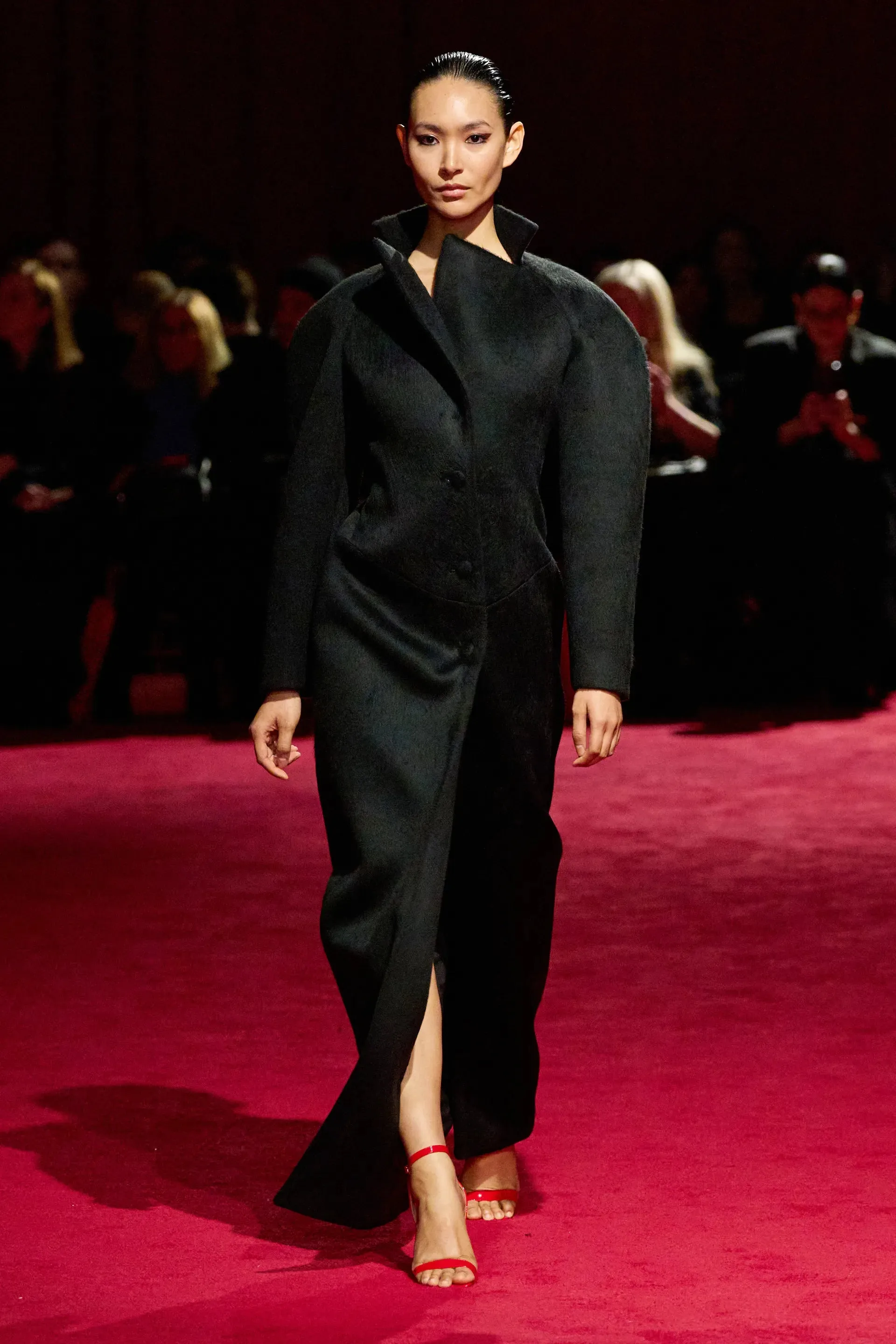 Black Faux Fur Structured Sleeve Long Line Coat sold by Christian Siriano
