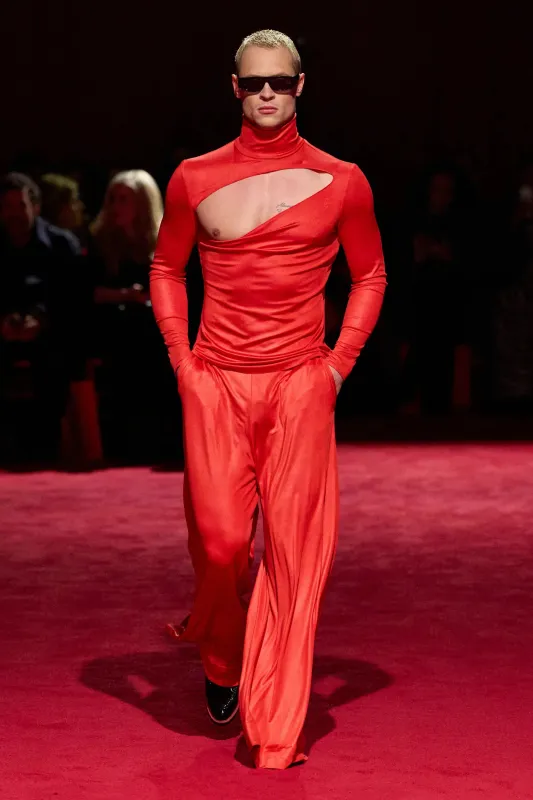 Electric Red Jersey Cutout Long Sleeve Mock Neck Top sold by Christian Siriano