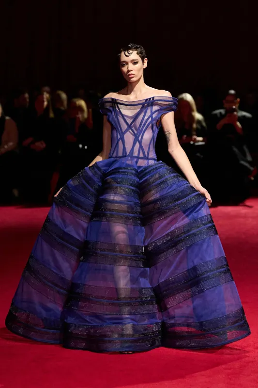 Cobalt Blue & Black Corset Off the Shoulder Horsehair Gown made by Christian Siriano