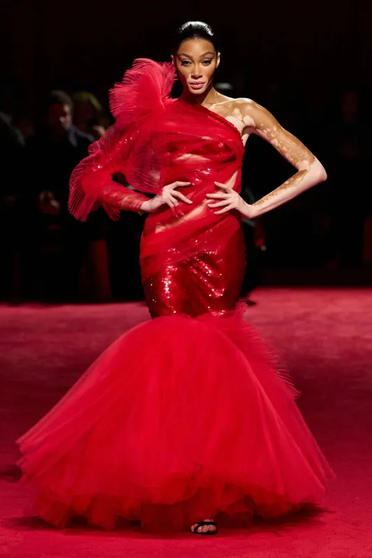 Red Sequin and Pleated Tulle Mermaid Gown made by Christian Siriano