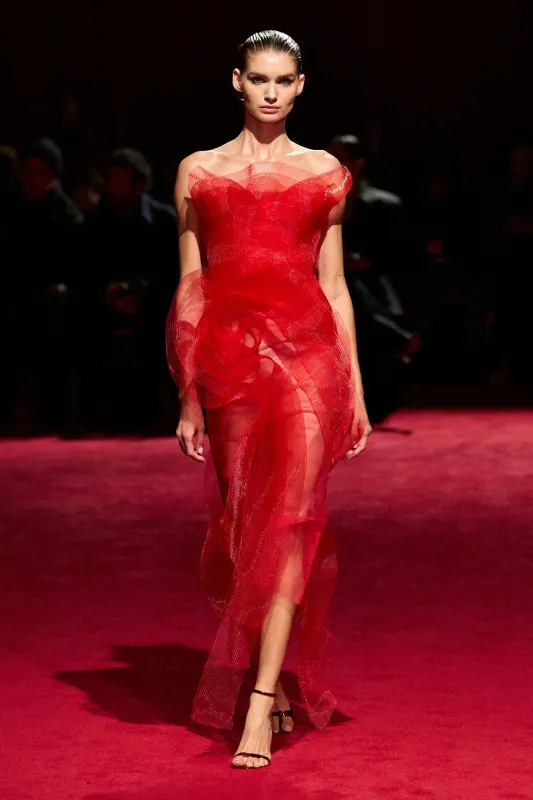 Red Strapless Horsehair Ruffle Midi Dress made by Christian Siriano