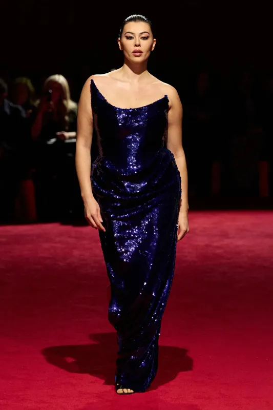 Blue Sequin Strapless Corset Draped Gown made by Christian Siriano