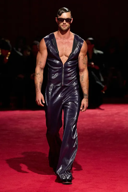 Purple Iridescent Patent Leather Flare Trouser sold by Christian Siriano