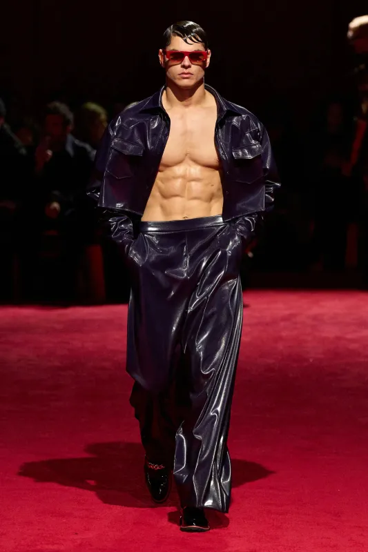 Purple Iridescent Patent Leather Cropped Jacket sold by Christian Siriano