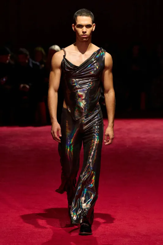 Oil Slick Flare Leg Trousers made by Christian Siriano