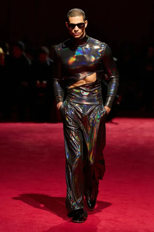 Oil Slick Long Sleeve Mock Neck Cutout Top made by Christian Siriano