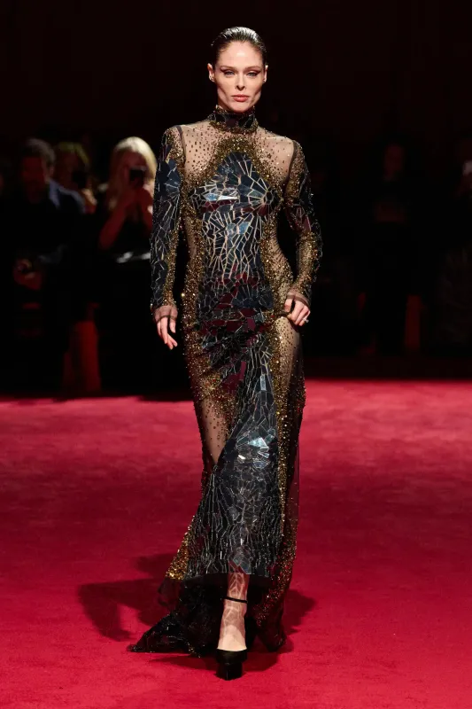 Gunmetal Mirror and Gold Sparkle Long Sleeve Mock Neck Gown made by Christian Siriano