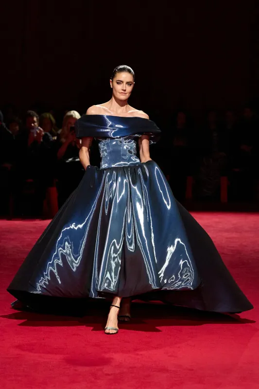 Midnight Iridescent Liquid Organza Off the Shoulder Ball Gown sold by Christian Siriano