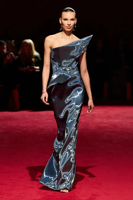Midnight Iridescent Liquid Organza Asymmetric Structured Shoulder Peplum Gown made by Christian Siriano