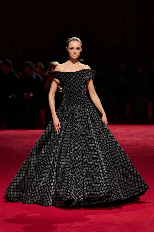 Black and Silver Sparkle Velvet Plaid Off the Shoulder Ball Gown made by Christian Siriano
