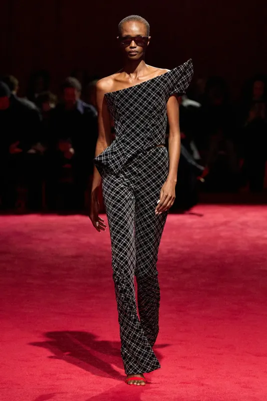 Black and Silver Sparkle Velvet Plaid Flare Trousers made by Christian Siriano