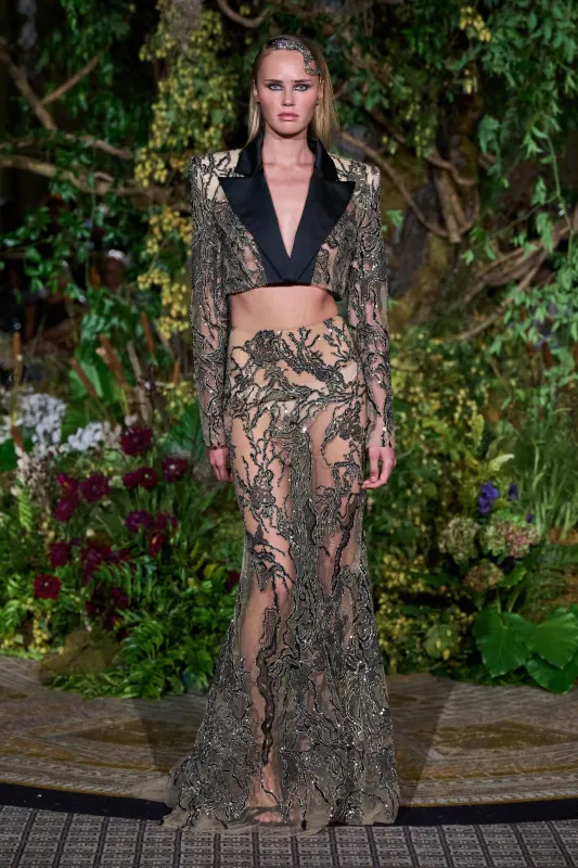 BLACK CRYSTALIZED SEQUIN SATIN LAPEL CROPPED BLAZER sold by Christian Siriano