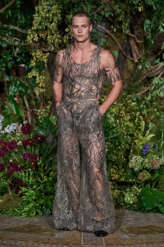 SILVER CRYSTALIZED SEQUIN WIDE LEG TROUSERS sold by Christian Siriano