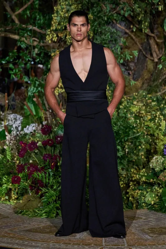 BLACK OPEN BACK VEST WITH CUMMERBUND sold by Christian Siriano