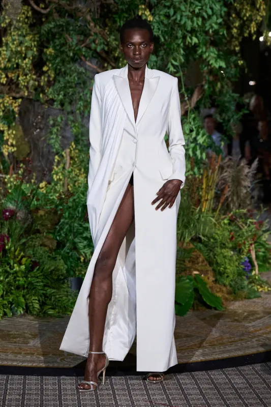 WHITE JERSEY DRAPED LONG LINE BLAZER COAT made by Christian Siriano