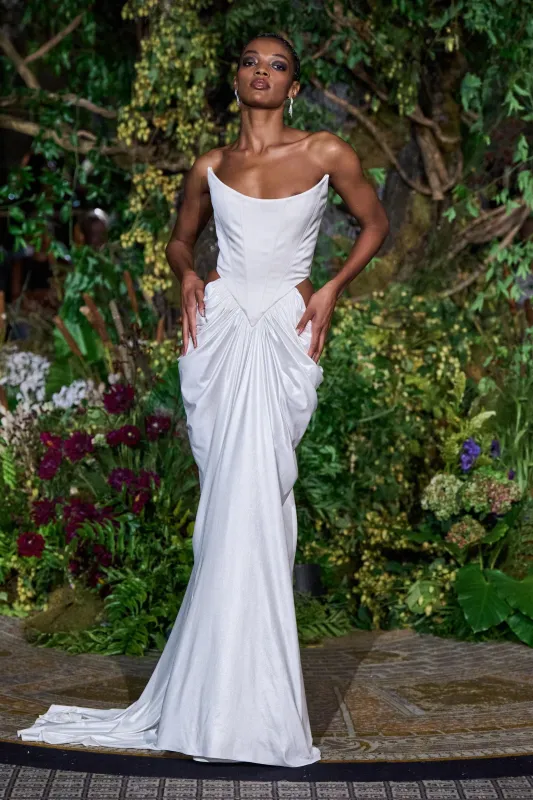 WHITE STRAPLESS CORSET JERSEY DRAPED GOWN sold by Christian Siriano