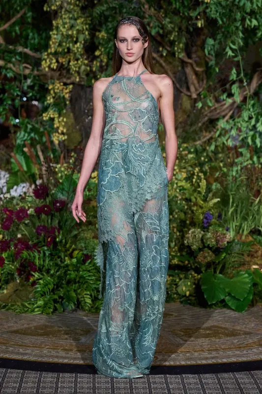 SEAFOAM TATTOO LACE ASYMMETRIC DRAPED HALTER TOP sold by Christian Siriano