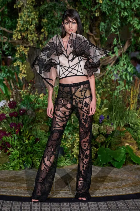 BLACK AND WHITE ABSTRACT TATTOO LACE LARGE STRUCTURED CORSET made by Christian Siriano