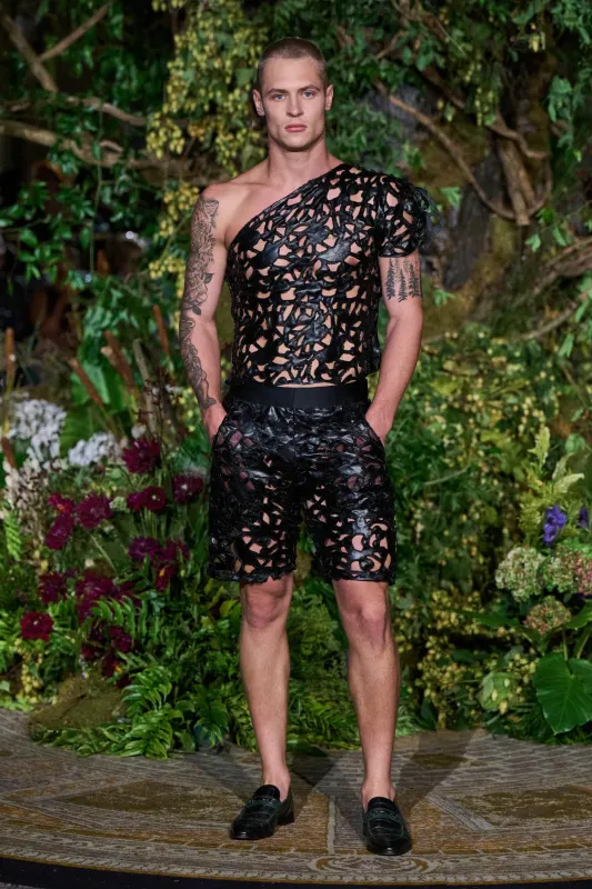 BLACK BEADED LASER CUT VEGAN LEATHER ONE SHOULDER TOP sold by Christian Siriano