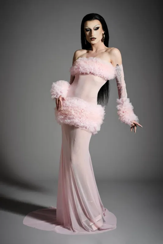 Shirred Tulle and Mesh Long Sleeve Gown made by Christian Siriano