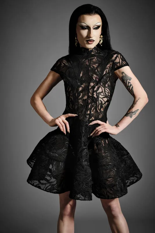 Cap Sleeve Ruffle Hem Lace Mini Dress sold by Christian Siriano