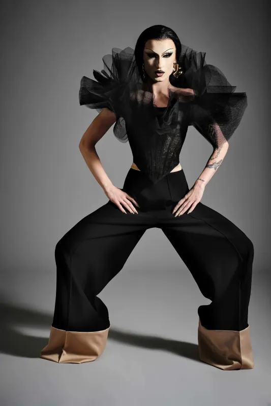 Black Wide Leg Trouser with Nude Cuff sold by Christian Siriano