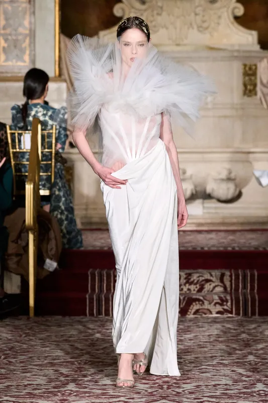White Corset Draped Gown with Pleated Tulle made by Christian Siriano