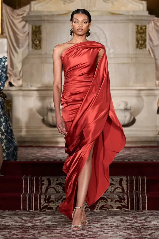 One Shoulder Draped Gown in Lava sold by Christian Siriano