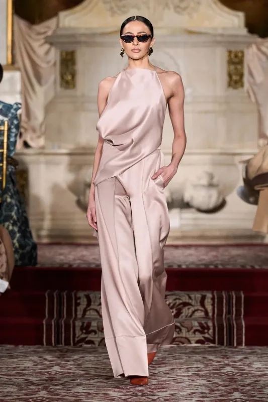 Asymmetric Draped Halter in Sand made by Christian Siriano