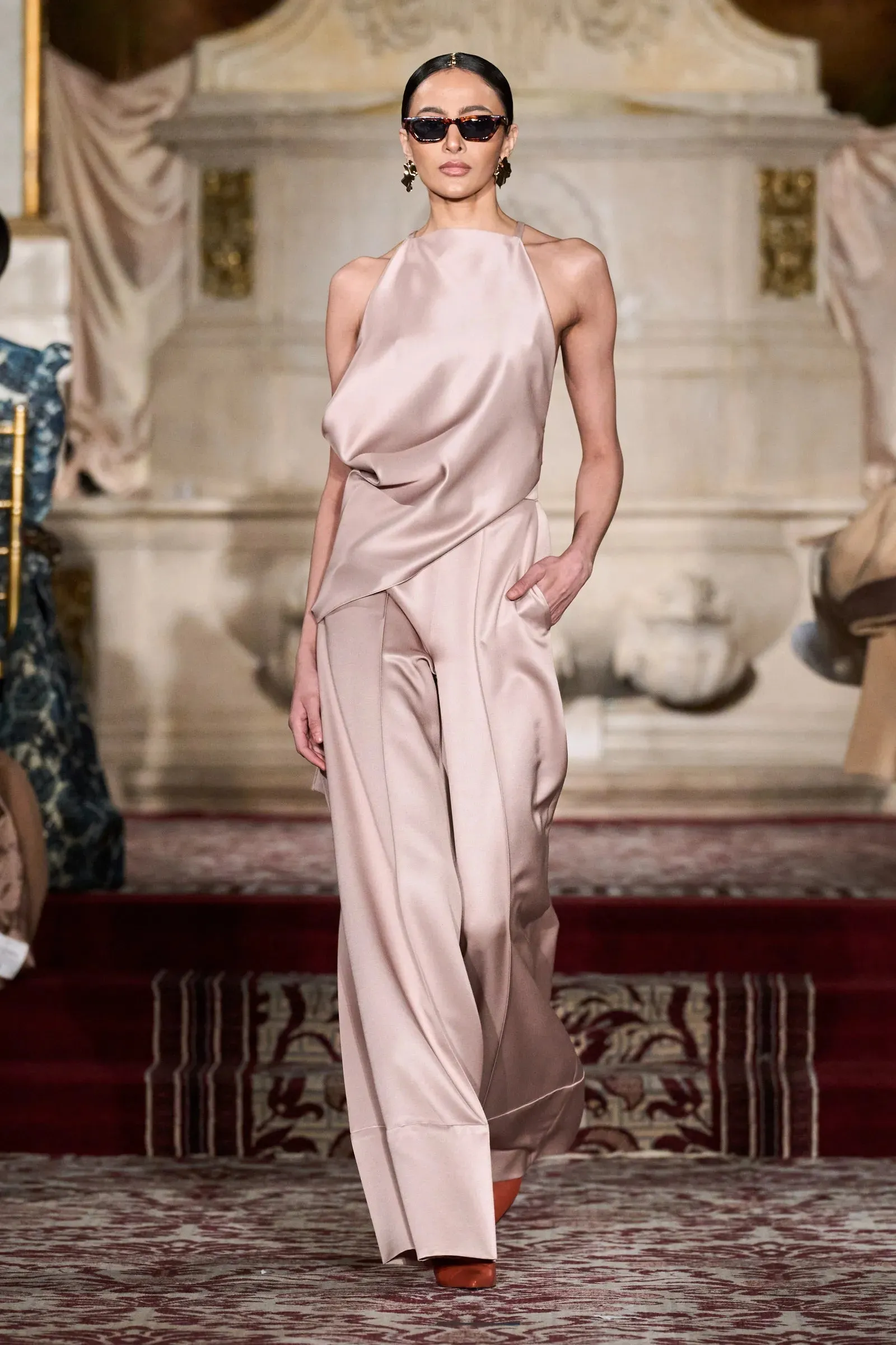 Asymmetric Draped Halter in Sand sold by Christian Siriano