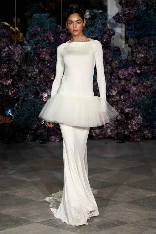 Long Sleeve Open Back Tulle Peplum Gown sold by Christian Siriano