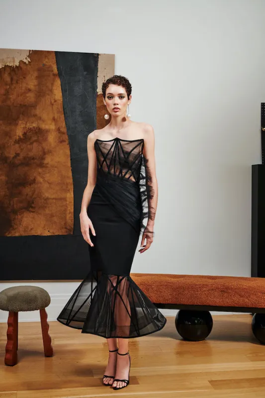 Sheer Corset Bodice Midi Flare Hem Dress made by Christian Siriano