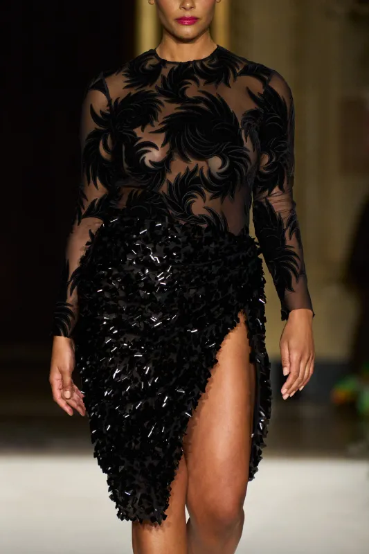 Black Paillette Asymmetric Midi Skirt made by Christian Siriano