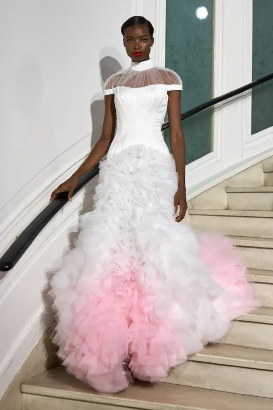 Mock Neck Topstitch Corset Gown with Cascading Tulle Layers made by Christian Siriano