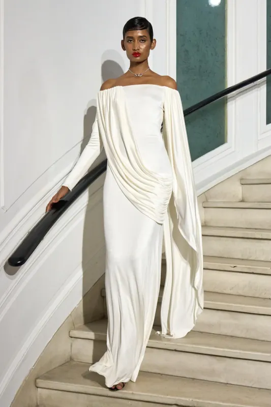 Off the Shoulder Jersey and Satin Draped Gown sold by Christian Siriano