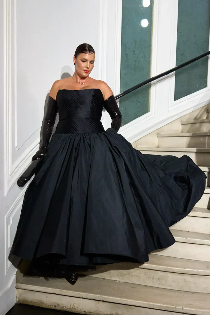 Strapless Topstitch Drop Waist Gown sold by Christian Siriano