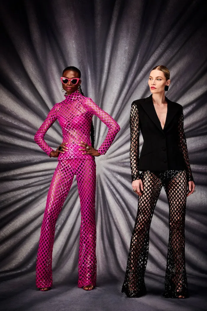 Fuchsia Sequin Mesh Flare Trousers sold by Christian Siriano