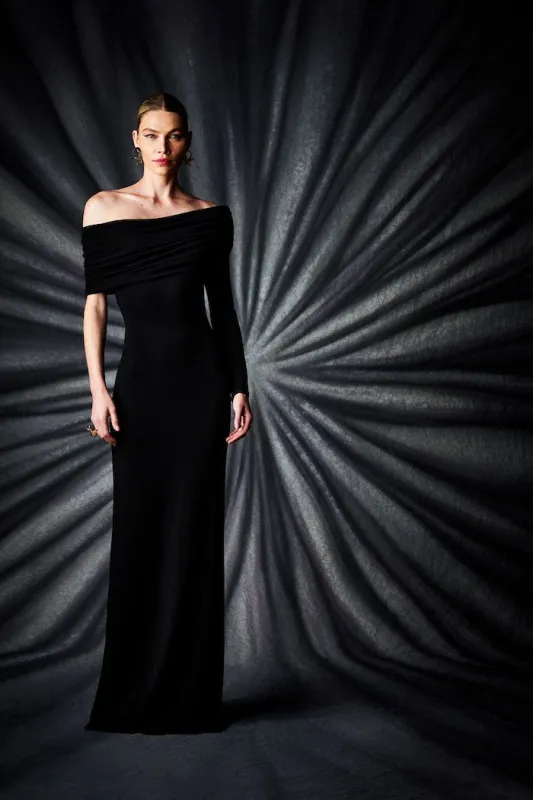 Black Draped Off the Shoulder One Sleeve Gown sold by Christian Siriano