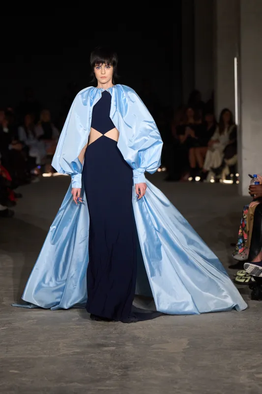 Navy Cut Out Gown with Taffeta Bubble Sleeve Cape sold by Christian Siriano