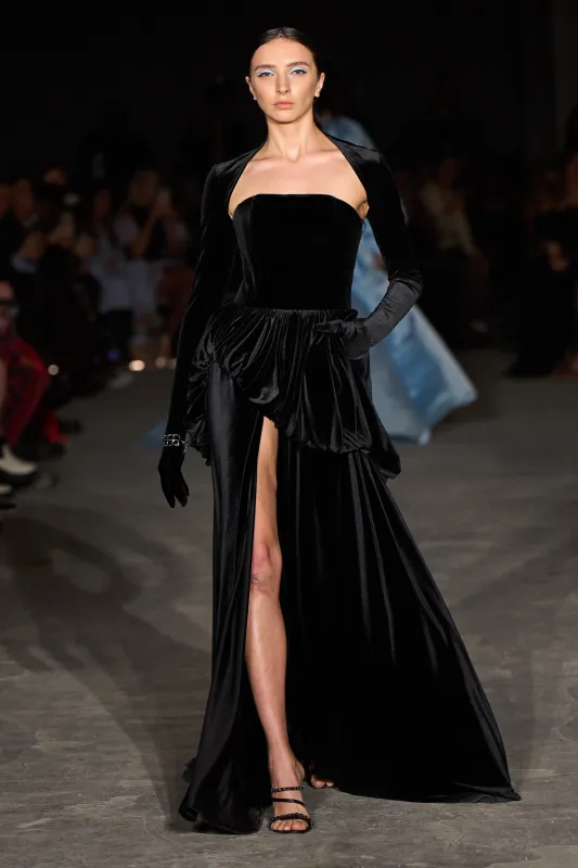 Black Velvet Strapless Bubble Peplum Gown made by Christian Siriano