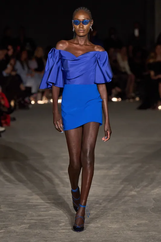 Cobalt Off The Shoulder Draped Sleeve Mini Dress made by Christian Siriano