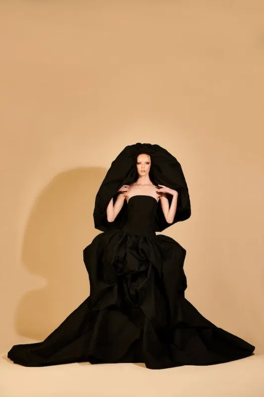 Black Strapless Brocade Bubble Gown with Bubble Hood made by Christian Siriano