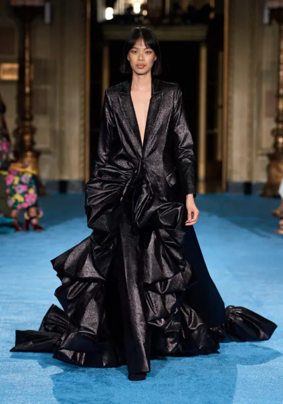 Midnight Metallic Foil Tapered Trouser made by Christian Siriano