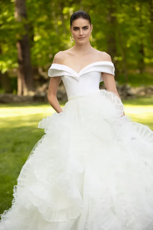 Sculpted Crepe Off the Shoulder Bodice with Organza and Tulle Rosette Skirt sold by Christian Siriano