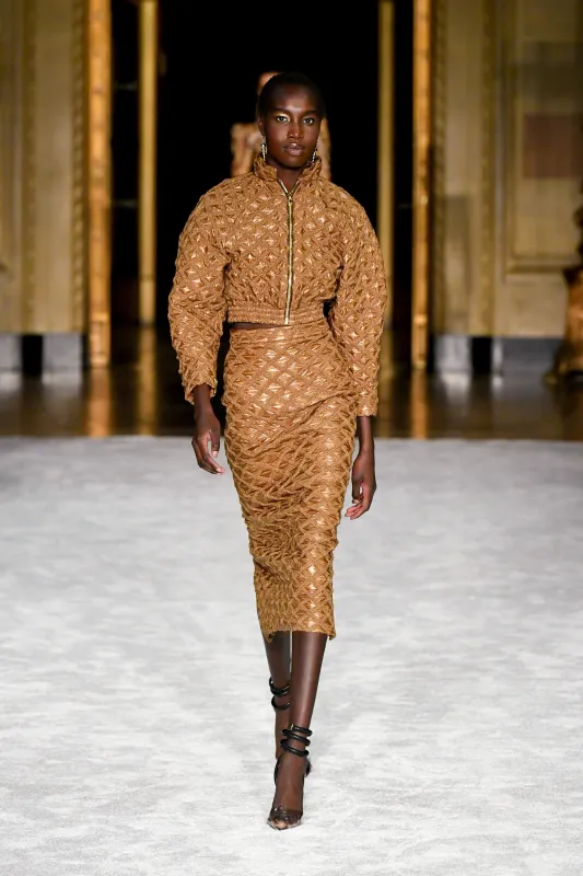 Camel Quilted Pencil Skirt sold by Christian Siriano