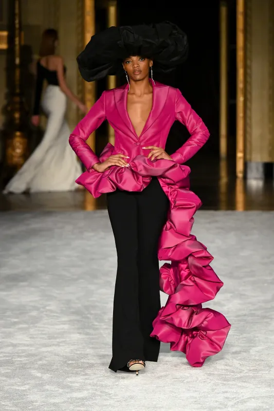 Luminous Pink Taffeta Sculpture Side Train Blazer made by Christian Siriano