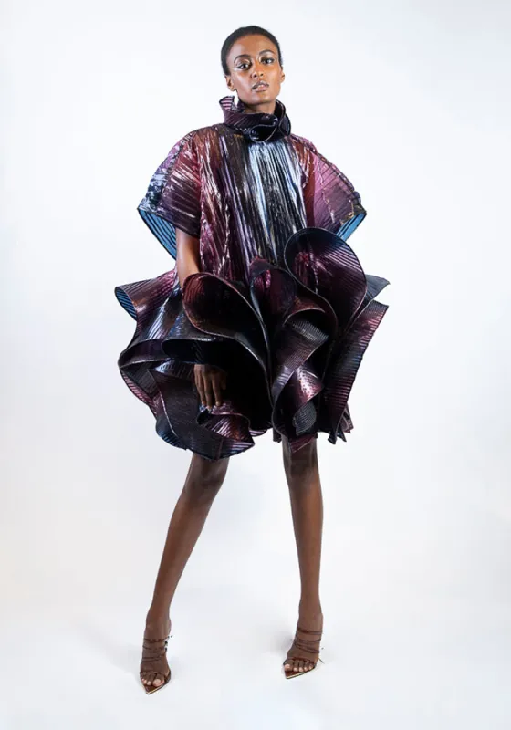 Iridescent Pleated Ruffled Mini Dress sold by Christian Siriano