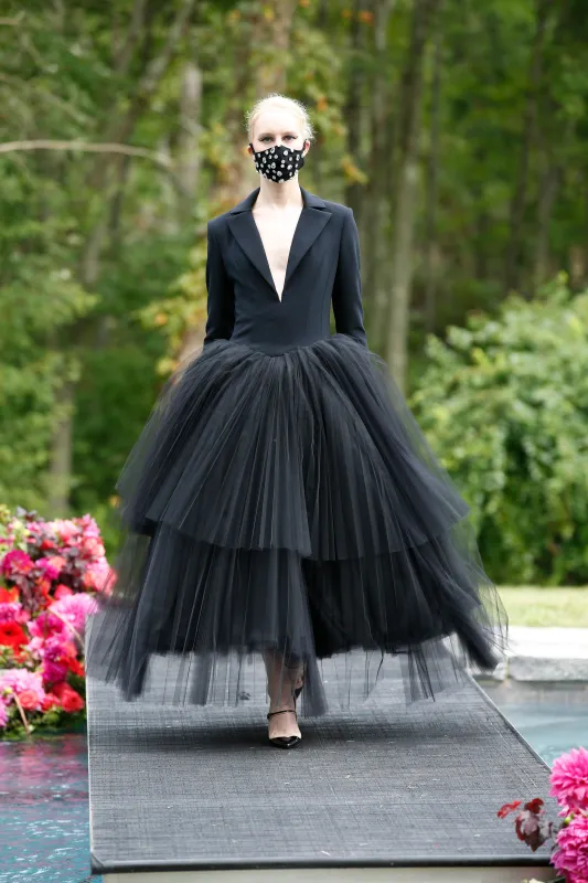 Tuxedo Bodice Pleated Tulle Tea Length Cocktail Dress sold by Christian Siriano