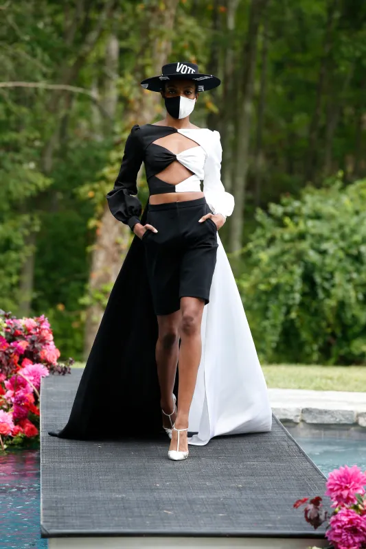Black/White Cut Out Top with Train made by Christian Siriano